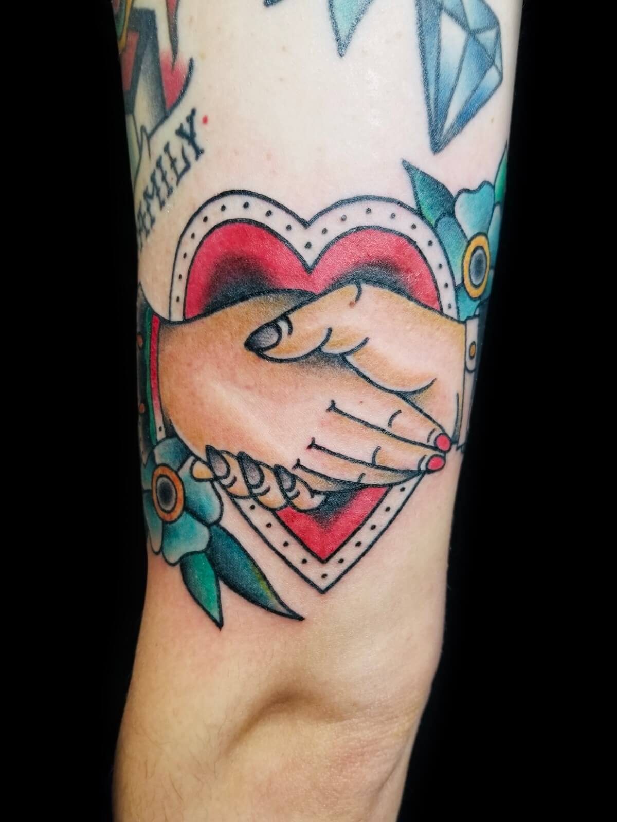 握手モチーフのアメリカントラディショナルタトゥー